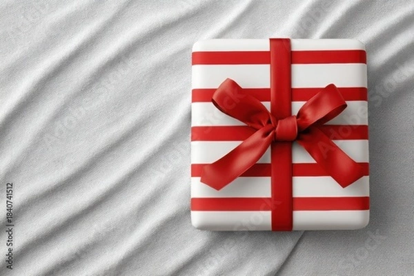 Fototapeta Striped wrapping paper gift box tied with a red ribbon, placed on a soft textured surface, embodying the festive spirit of New Year and Christmas celebrations with copy space