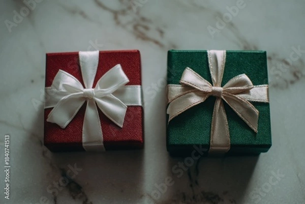 Fototapeta Two beautifully wrapped gift boxes, one red with a white ribbon and one green with a cream ribbon, arranged on a marble surface, perfect for New Year and Christmas celebrations