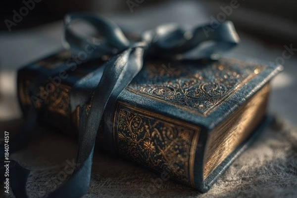 Fototapeta Elegant blue gift box adorned with golden embossing and a satin ribbon, beautifully presented on a soft textured surface, perfect for New Year and Christmas celebrations