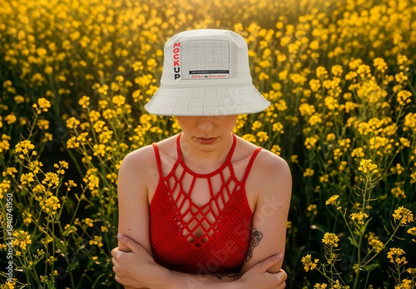 Obraz Bucket Hat Girl Model on Flowers Field Mockup