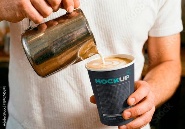 Obraz Pouring Milk on Drink Coffee Cup Mockup