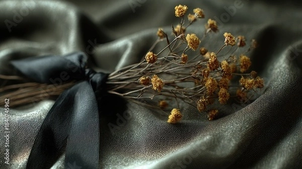 Fototapeta Close-up of delicate dried flowers elegantly wrapped in a black ribbon, resting on a soft olive fabric backdrop, illuminated by warm directional light for a serene ambiance