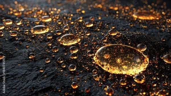 Fototapeta Macro shot of glistening candle wax droplets on a dark stone surface, illuminated by soft golden rim light, showcasing intricate textures and ambient warmth