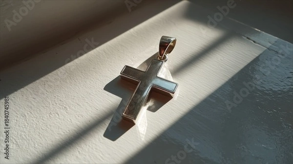 Fototapeta Silver cross pendant elegantly positioned on a smooth white acrylic surface, illuminated from the side to create striking long shadows and enhance its reflective qualities
