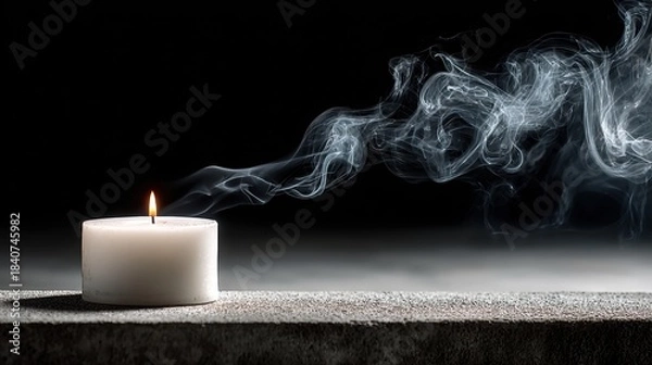 Fototapeta White candle with flickering flame and delicate smoke trails rising against a dark neutral surface, creating a serene and tranquil atmosphere for relaxation or meditation