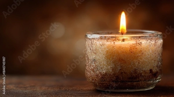 Fototapeta Close-up of a lit memorial candle in a frosted glass holder, casting a warm glow against a soft brown gradient backdrop, evoking a serene and reflective atmosphere