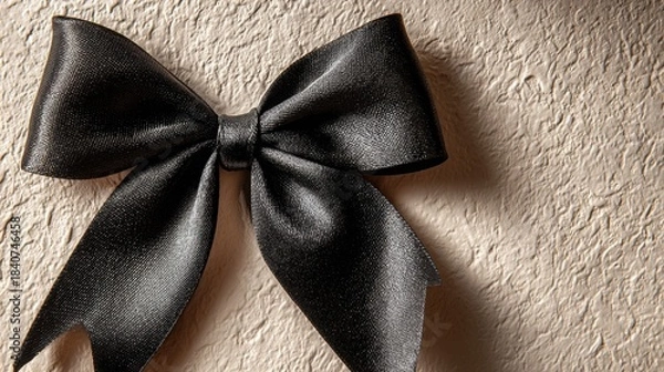 Fototapeta Elegant black ribbon bow positioned gracefully on the left edge of a textured cream background, illuminated softly to enhance its luxurious appearance and charm
