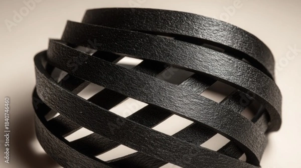 Fototapeta Overhead view of multiple black ribbon strips arranged in a geometric pattern on a smooth ivory background, showcasing elegant design and texture with copy space