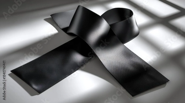Fototapeta Black ribbon elegantly arranged in a symbolic shape, casting soft shadows on a matte white background, creating a serene and minimalist aesthetic with copy space