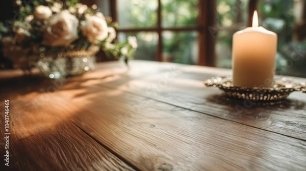 Fototapeta White candle on rustic wooden table, softly illuminated by warm evening light, surrounded by floral arrangement, creating a serene atmosphere with ample copy space