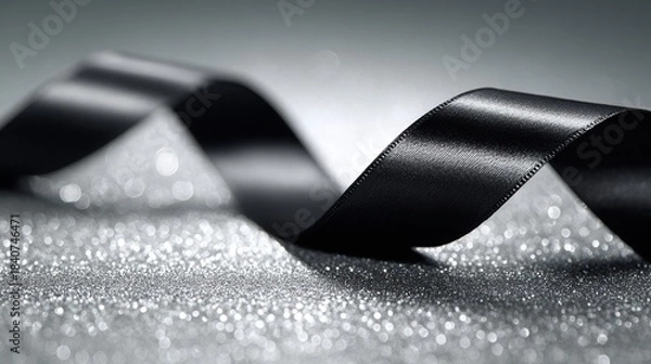 Fototapeta Black satin ribbon elegantly drapes across a shimmering silver metallic surface, illuminated by cool directional lighting, creating a sophisticated and artistic visual composition