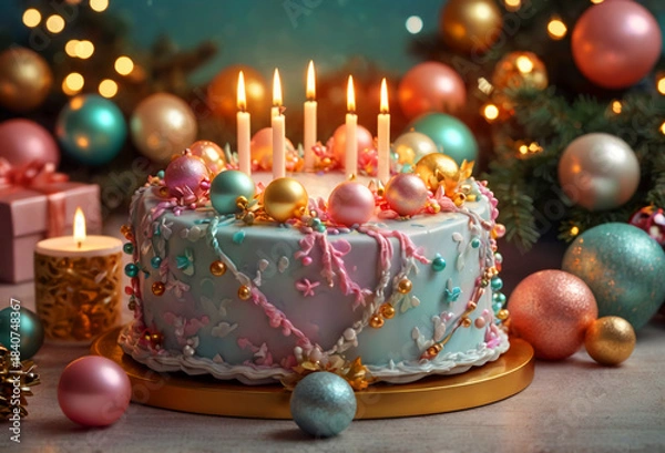 Obraz Festive Christmas cake with candles. Generative AI