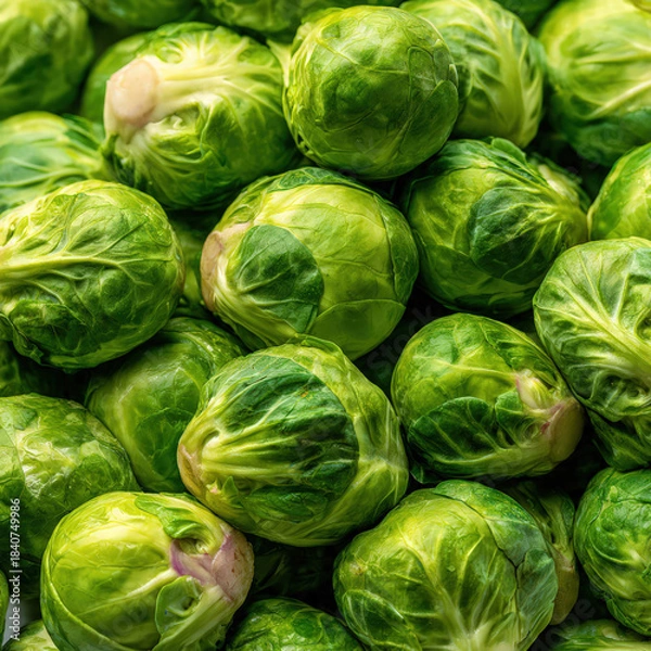 Obraz Top-view image of whole Brussels sprouts grouped in a simple pattern. Suitable for vegetarian cuisine themes, meal planning graphics, and clean stock photography.