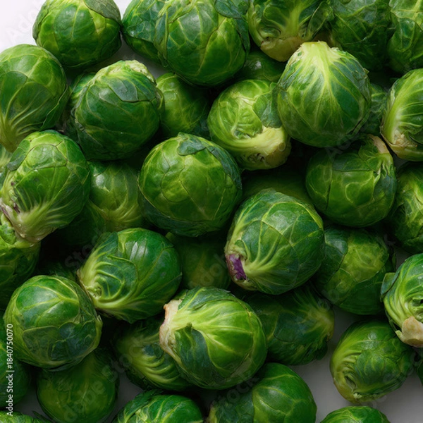 Obraz Fresh Brussels sprouts piled together, showcasing vibrant green color and tight leaves. Ideal for healthy food concepts, vegetable packaging, meal prep themes, and nutrition visuals.