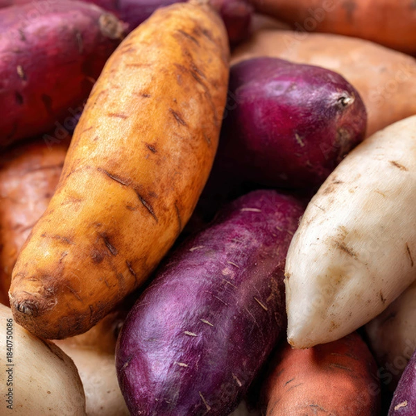 Obraz Sweet potatoes arranged neatly on a white background with crisp lighting. Great for grocery catalogs, ingredient layouts, plant-based diet themes, and minimalist food imagery.