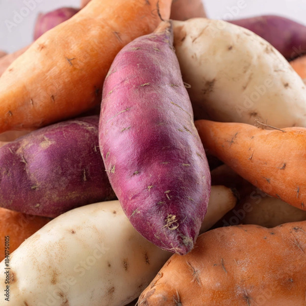Obraz Close-up shot of sweet potatoes highlighting rough skin details and rich color. Perfect for recipe blogs, vegetable packaging, nutrition visuals, and clean culinary photography.