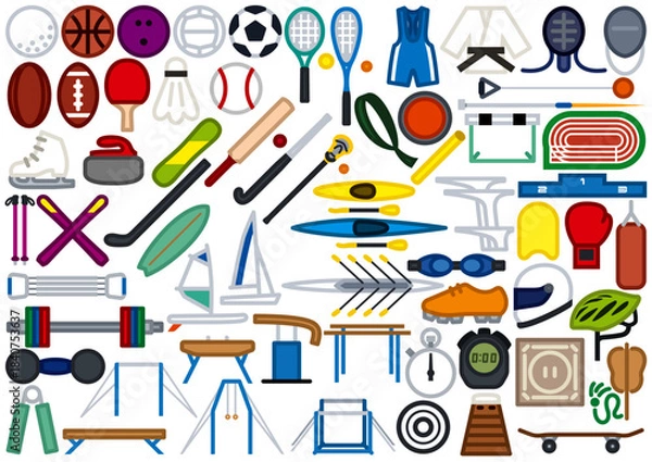 Obraz シンプルな線画のスポーツアイテムのセット カラー