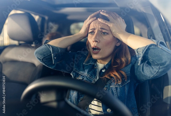 Obraz Driver shows concern while inside her vehicle