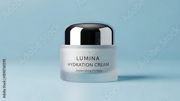 Fototapeta Elegant beauty skincare product on a gentle backdrop. The product has a silver lid and a frosted glass jar, appearing fresh and premium