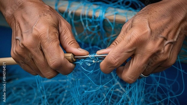 Fototapeta Authentic Traditional Fishing Boat Texture Detail Featuring Senior Fisherman Hands Mending Blue Net