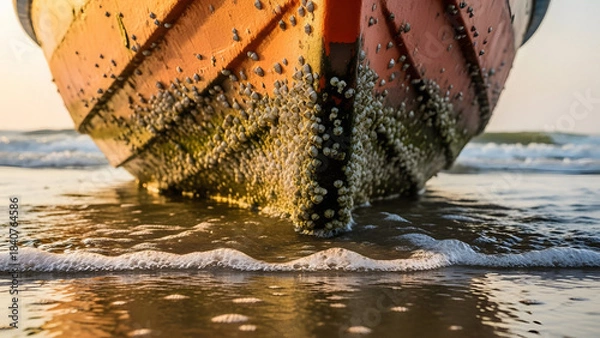 Fototapeta Authentic Traditional Fishing Boat Texture Detail Resting On Wet Sand At Low Tide