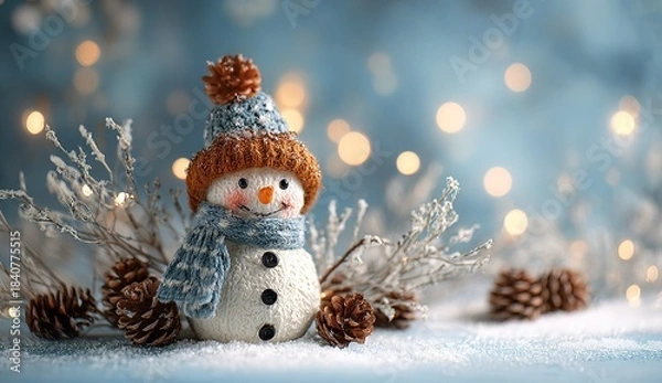 Obraz Cute snowman with knitted hat and scarf in snowy winter scene, Christmas decoration with frosty branches and bokeh lights