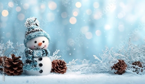 Obraz Cute snowman with knitted blue hat and scarf in snowy winter scene, Christmas decoration with frosty branches and bokeh lights