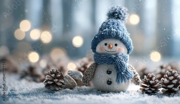 Obraz Cute snowman with knitted blue hat and scarf in snowy winter scene, Christmas decoration with soft bokeh lights
