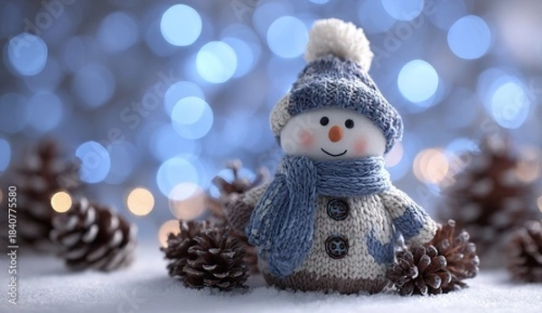 Obraz Cute snowman with knitted blue hat and scarf in snowy winter scene, Christmas decoration with soft bokeh lights