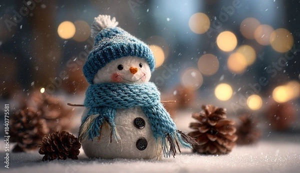 Obraz Cute snowman with blue hat and scarf in snowy winter scene, Christmas decoration with warm bokeh lights