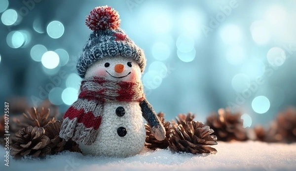Obraz Cute snowman with knitted hat and scarf in snowy winter scene, Christmas decoration with bokeh lights
