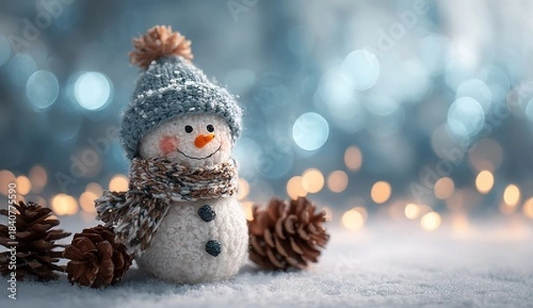 Obraz Cute snowman with hat and scarf in snowy winter scene, Christmas decoration with bokeh lights