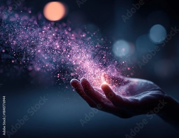 Obraz Hand releasing glowing magical particles in dark bokeh background, fantasy energy concept