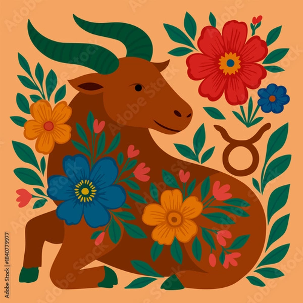 Obraz Taurus zodiac sign in boho style. Vector composition surrounded with flowers