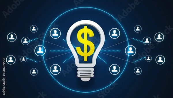 Obraz Illumination of Financial Network: A symbolic representation of interconnected individuals and the core concept of financial growth, showcasing a lightbulb with a dollar sign at its center.