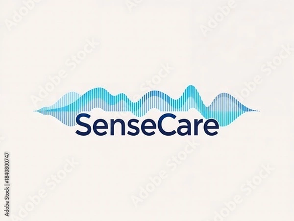 Obraz Sensecare logo with abstract blue waveform graphic symbolizing data, sound, digital health, and tech solutions.