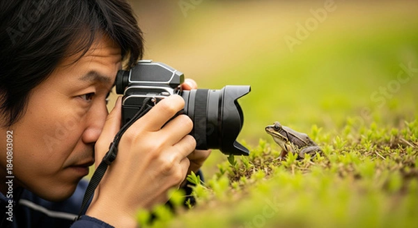 Fototapeta 新緑の森でカエルを撮影するフォトグラファーとコピースペース 真剣なネイチャーフォト