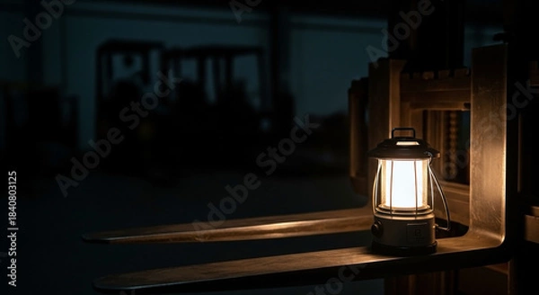 Obraz 夜の倉庫でフォークリフトに置かれたランタンとコピースペース 静かな休息の灯り