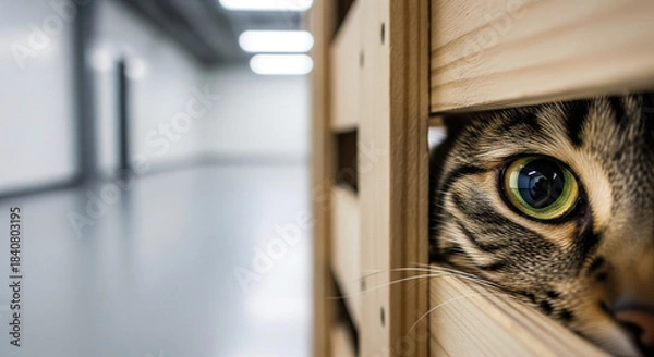 Obraz 空港の検疫所で木箱の隙間から覗く猫の瞳とコピースペース ペットの輸入と空輸の不安