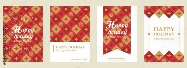 Obraz ハッピーホリデー 冬柄カードセット／クリスマス・新年・雪の結晶パターン（4デザイン）| ベクター素材 