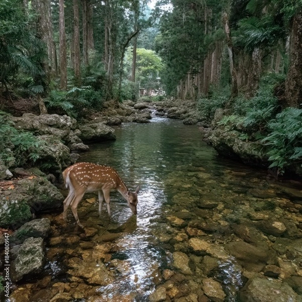 Obraz Deer drinks from clear stream in lush forest, dappled sunlight filtering