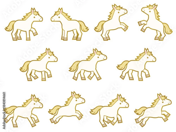 Obraz 色々なポーズの金の線画付きの白馬のキャラクターイラストセット