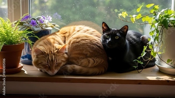 Obraz Two cats sunbathing on a windowsill