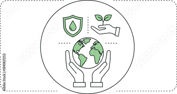 Fototapeta Clean line art illustration within a circle, showing hands holding the Earth, with surrounding symbols for ecological protection,