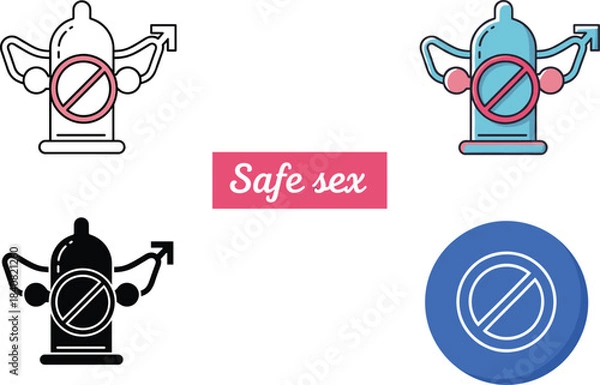 Fototapeta Set of stylized vector icons illustrating safe sex practices and contraception, featuring a condom with a prohibition symbol
