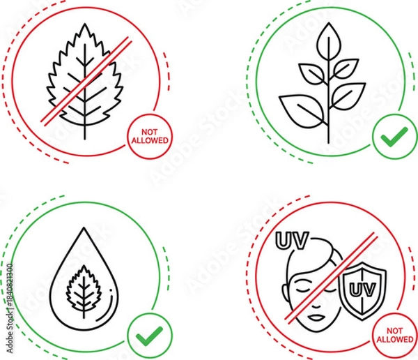 Fototapeta Set of four icons using line art and circular frames to show product status, including a prohibited leaf, an approved leafy plant,