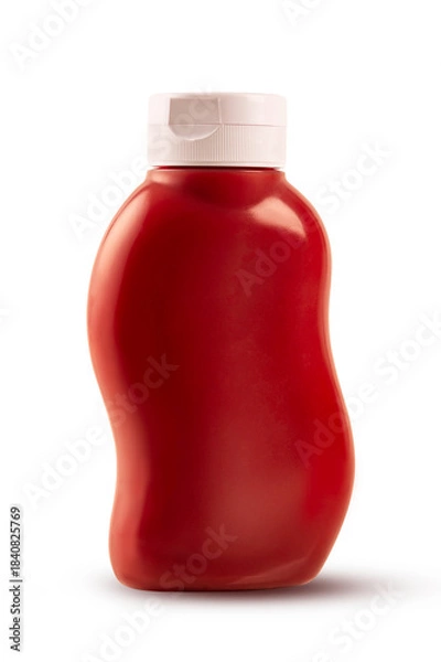 Obraz Red plastic ketcup bottle isolated on white background.