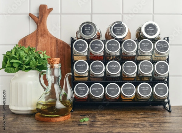 Obraz Assorted spices in glass jars with metal lids