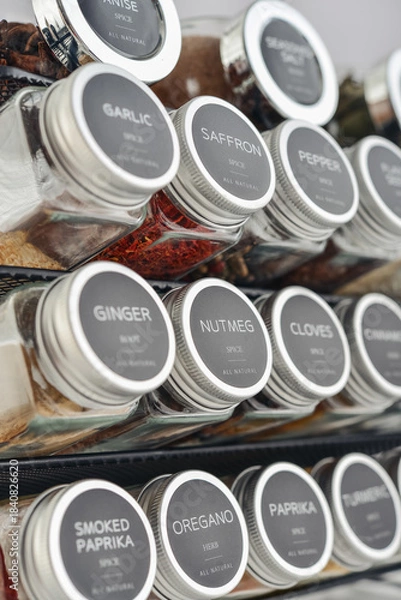Obraz Assorted spices in glass jars with metal lids