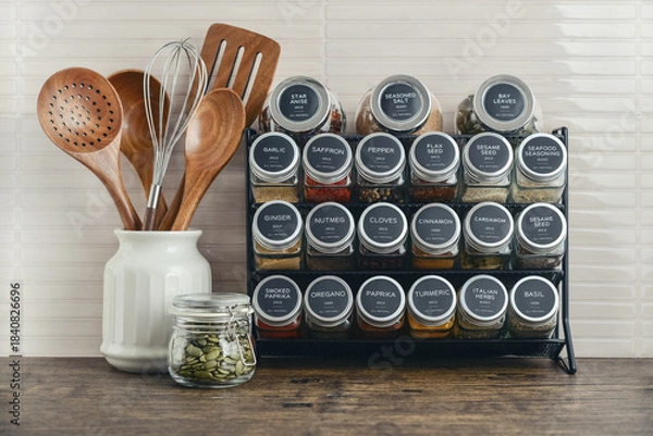 Obraz Assorted spices in glass jars with metal lids